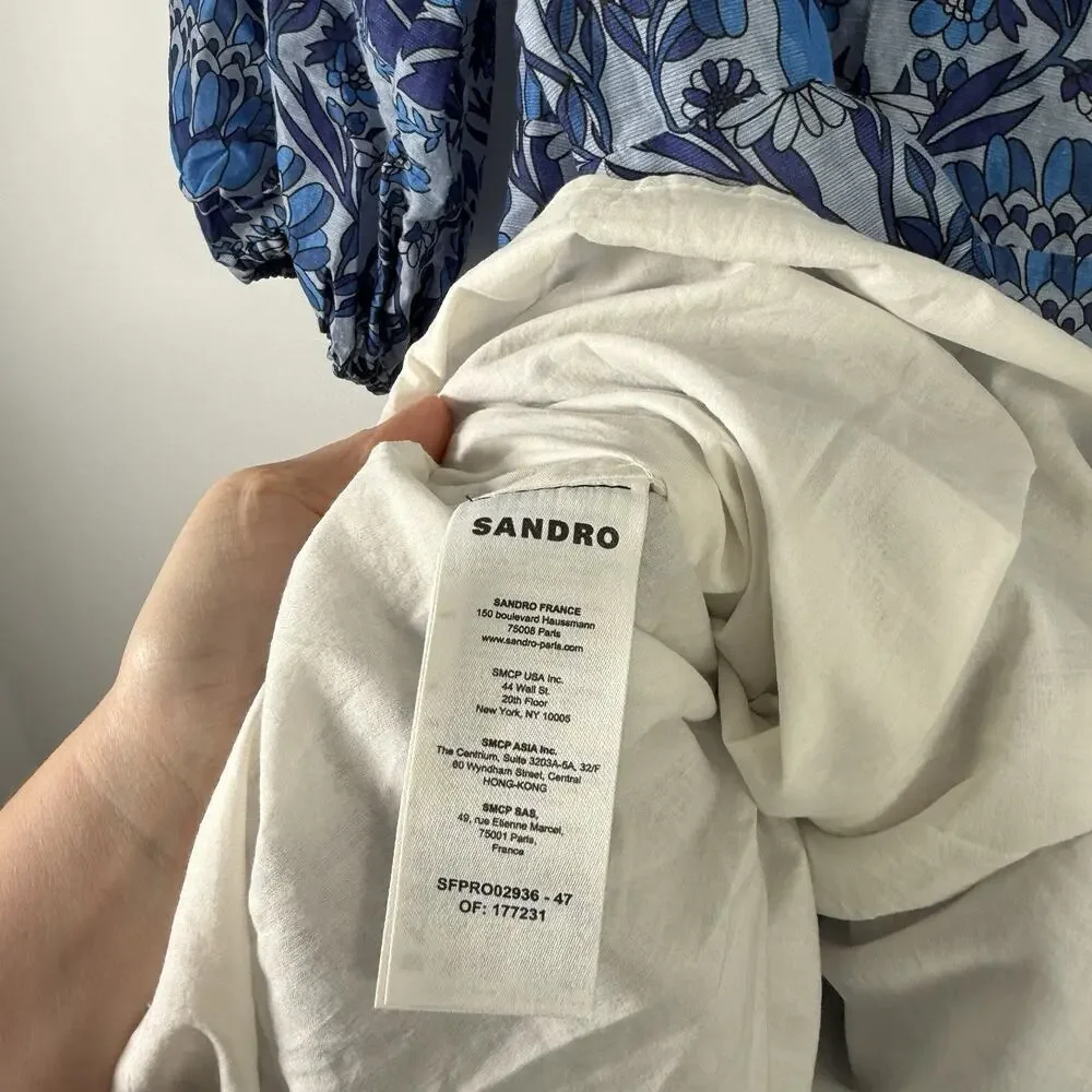 Sandro Yana Blue Floral Mini Dress V-Neck Puff Sleeve Linen READ Womens 40 US 8 - Picture 6 of 9